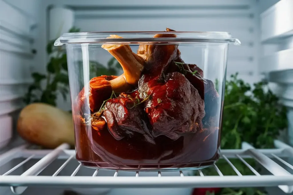 Leftover braised oxtail stored in an airtight glass container.