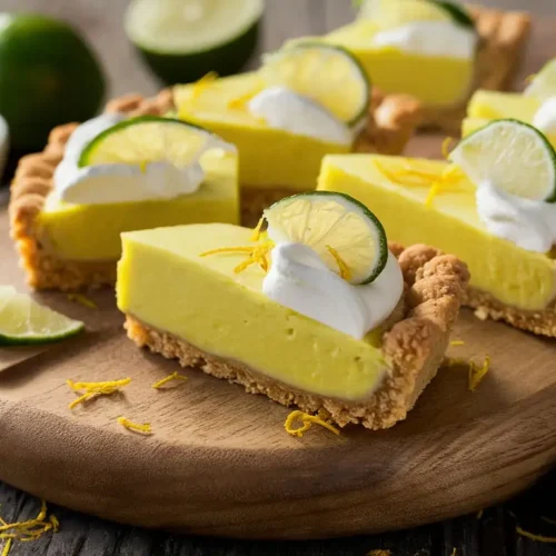 Key Lime Pie Bars with a golden crust and creamy lime filling, garnished with fresh lime zest.