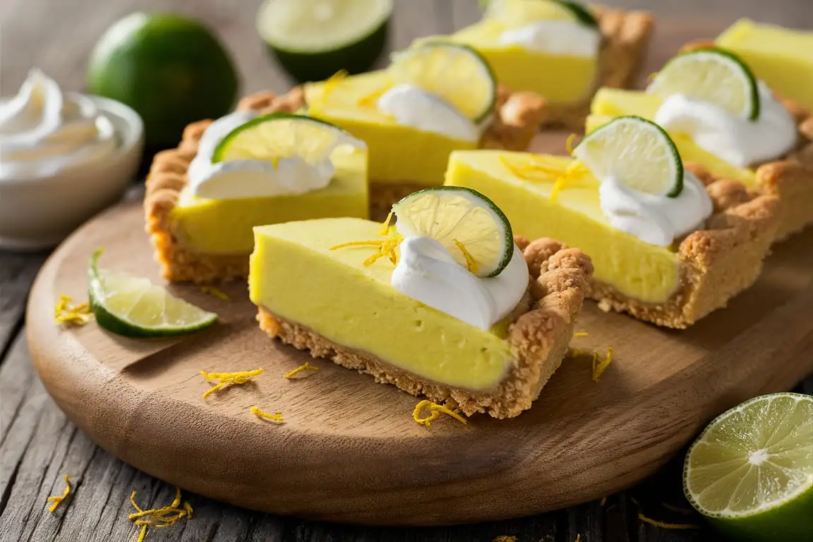 Key Lime Pie Bars with a golden crust and creamy lime filling, garnished with fresh lime zest.
