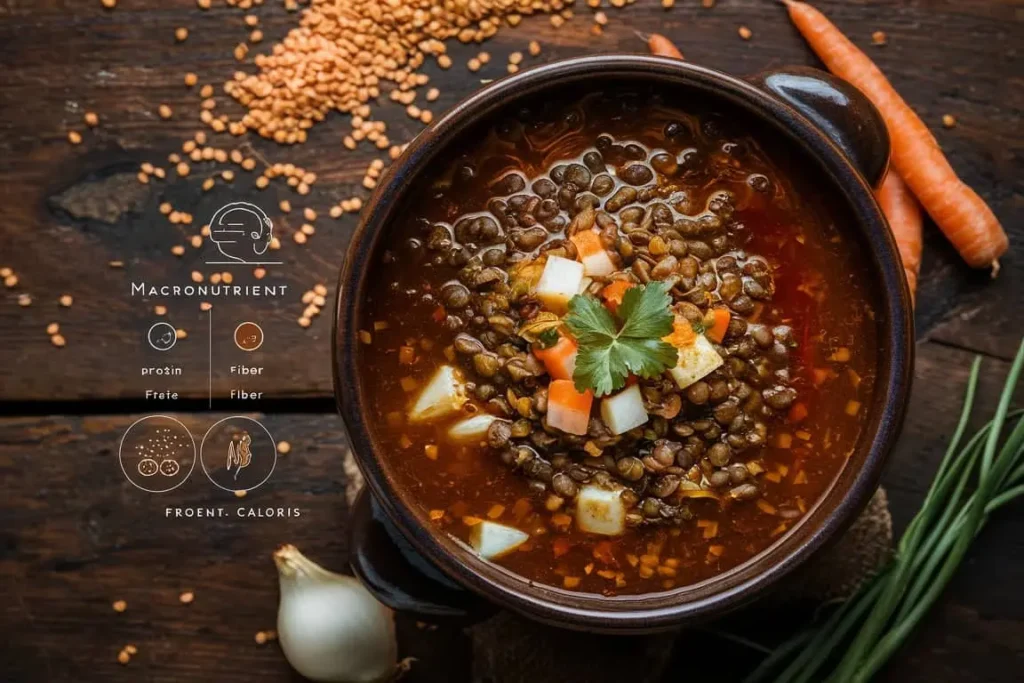 A plate of lentil soup with an infographic overlay showing its protein, fiber, and calorie content