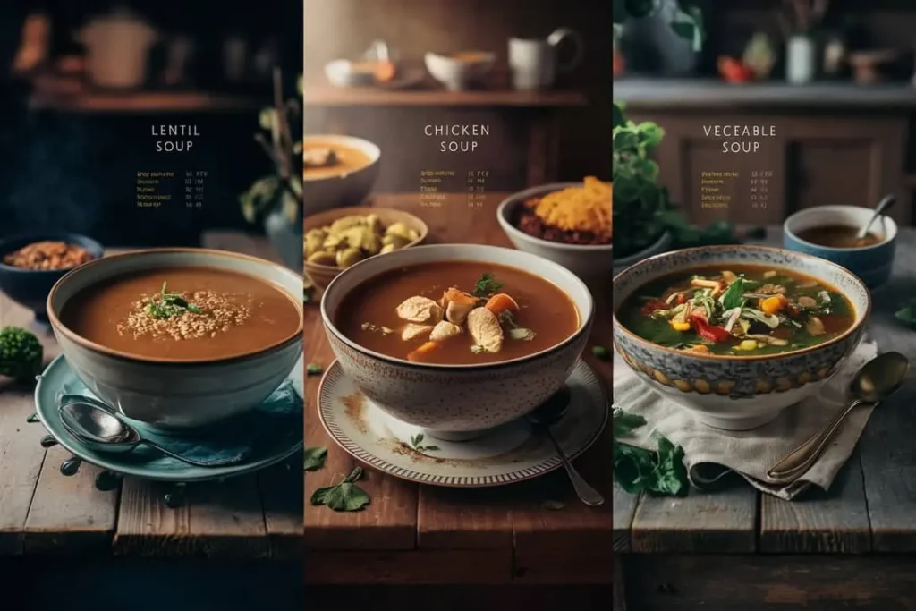 A comparison of lentil soup, chicken soup, and vegetable soup, showcasing their calories and nutrients