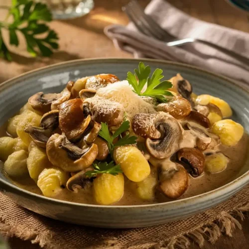 Mushroom gnocchi in a creamy sauce served in a rustic Italian bowl