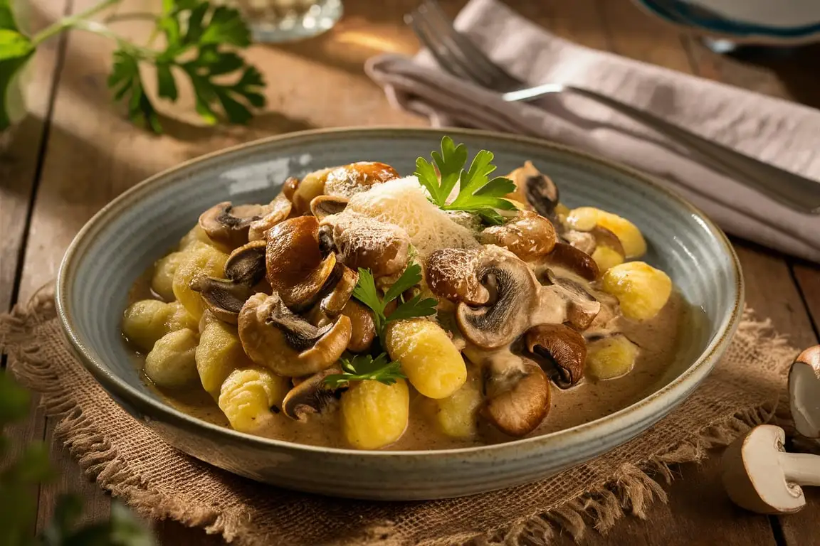 Mushroom gnocchi in a creamy sauce served in a rustic Italian bowl