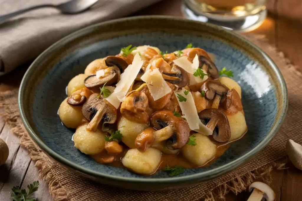 A beautifully plated dish of mushroom gnocchi garnished with Parmesan and parsley