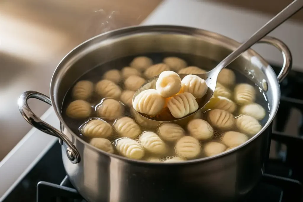 Gnocchi boiling in a pot, floating to the surface when ready
