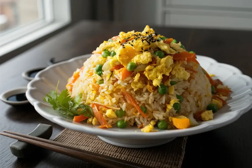 A beautifully plated serving of egg fried rice, garnished with sesame seeds and green onions, served on a white plate.