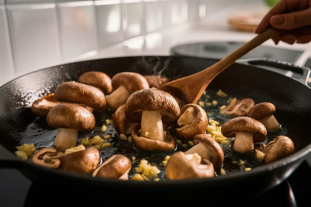 A skillet with mushrooms sautéing in butter and garlic for gnocchi sauce