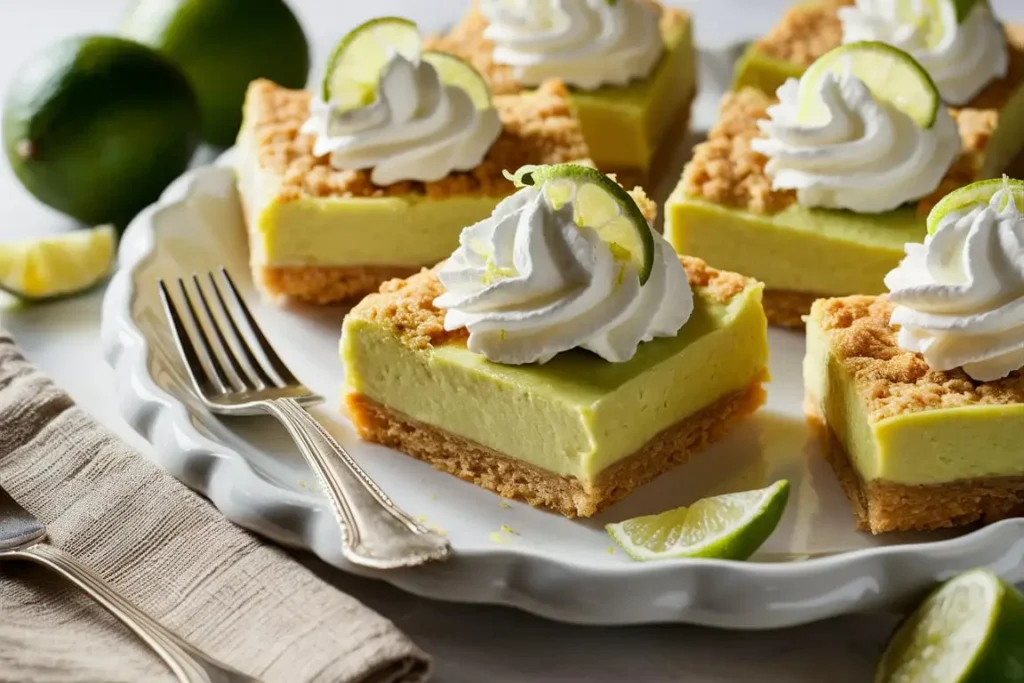 Freshly sliced Key Lime Pie Bars on a plate, topped with whipped cream and lime zest.