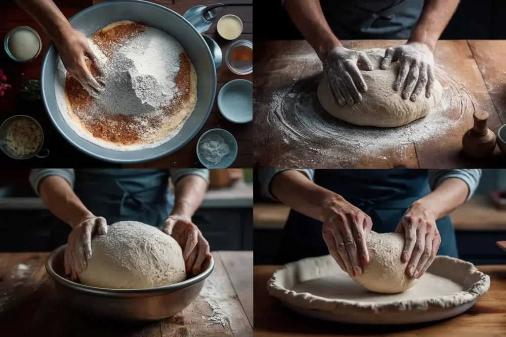 Four-step visual guide to making deep dish pizza dough, from mixing ingredients to final rising.