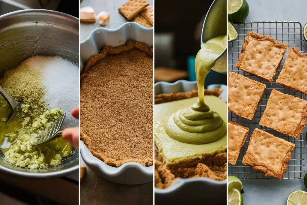 Four-step visual guide for preparing Key Lime Pie Bars from crust to filling.
