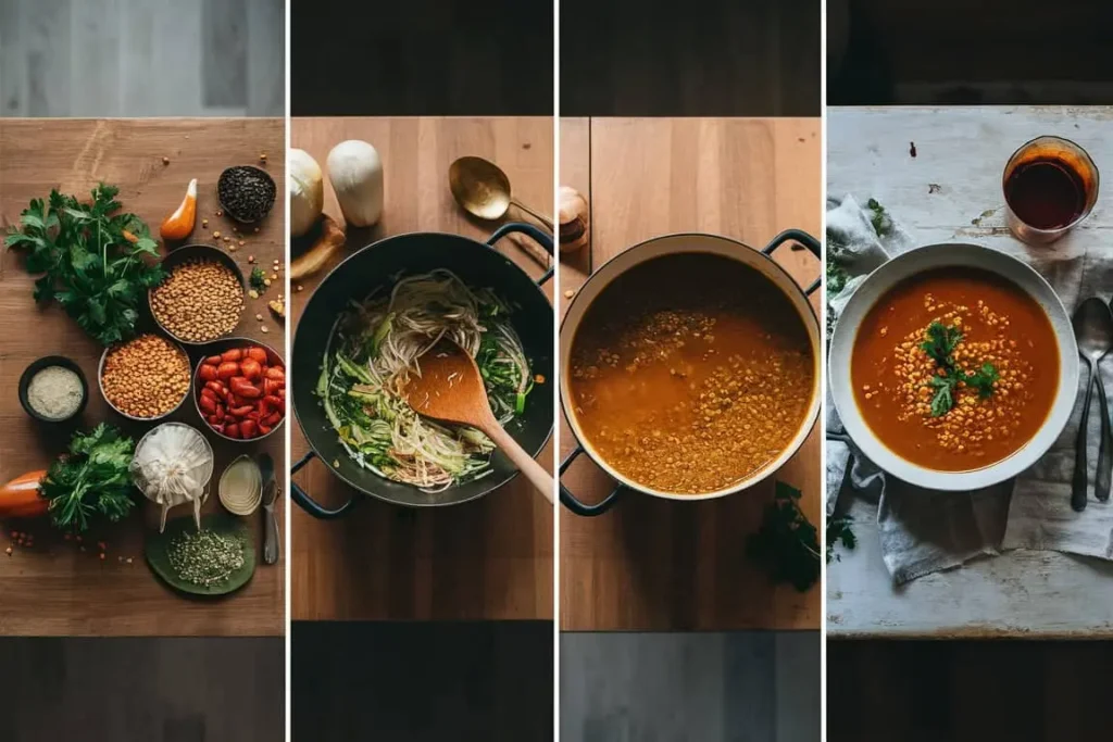 Four-step process of preparing a healthy, low-calorie lentil soup, from raw ingredients to a finished dish