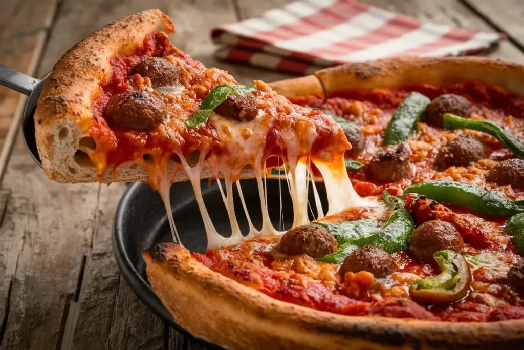A slice of deep dish pizza being lifted from the pan, showing melted mozzarella stretching.