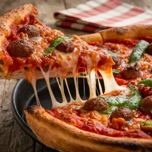 A slice of deep dish pizza being lifted from the pan, showing melted mozzarella stretching.