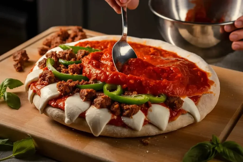 Step-by-step layering of cheese, toppings, and chunky tomato sauce for deep dish pizza.